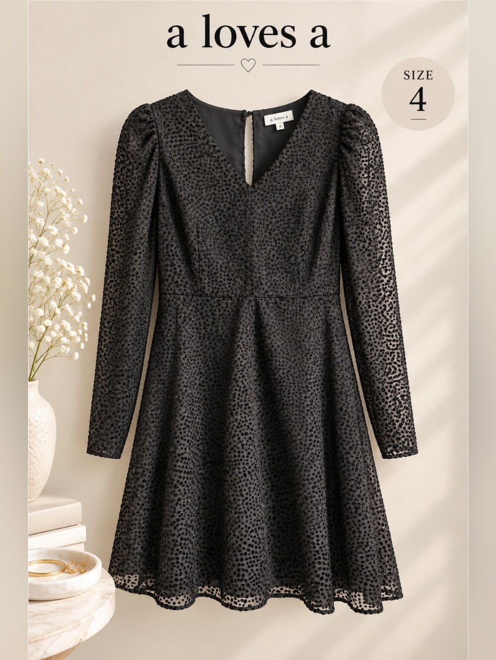 NWT a LOVES Black V-Neck Puffed Shoulder A-line Dress with Gold Glitter, 4
